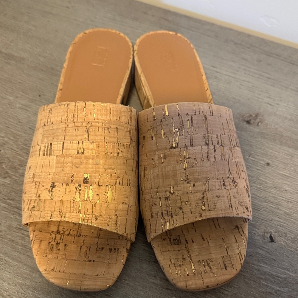 Nordstrom rack, cork slides with 1 inch heel and gold running through